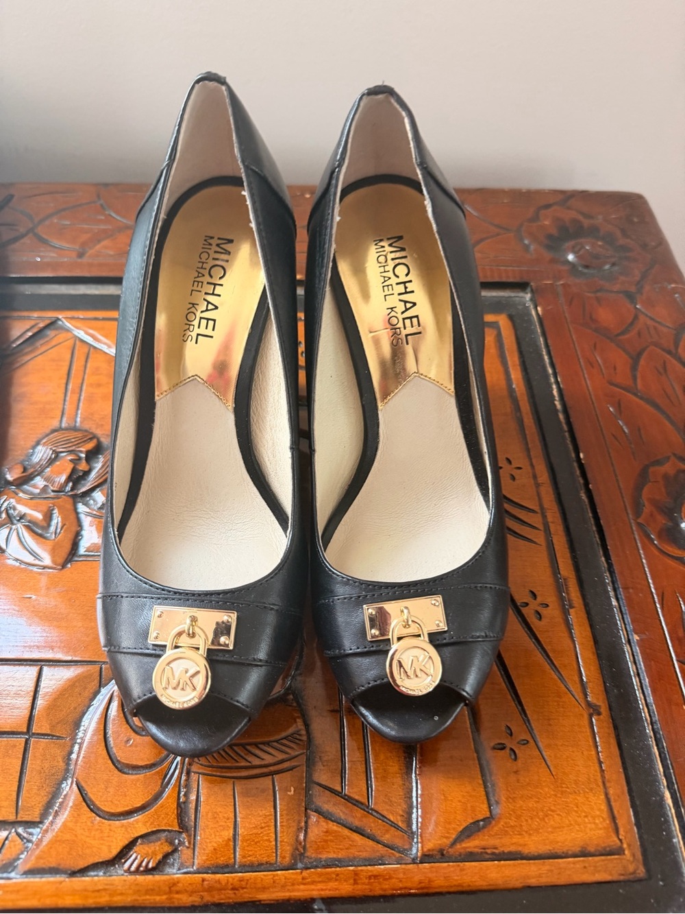 Michael Kors Black Leather Peep-Toe Pumps with Gold MK Charm